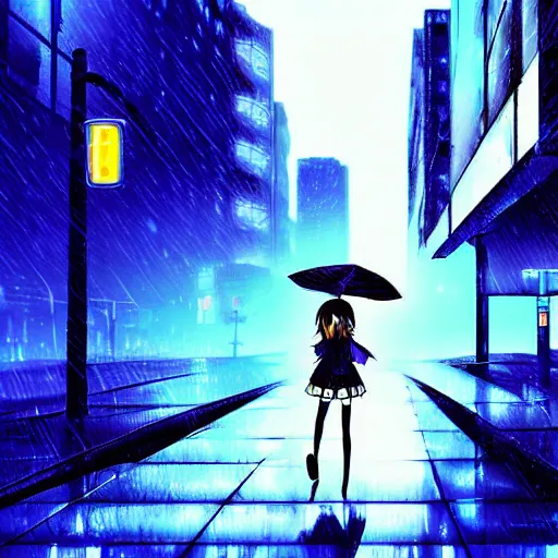 Prompt: digital art , anime girl walking into the streets of a cyberpunk city at night, rain, mist