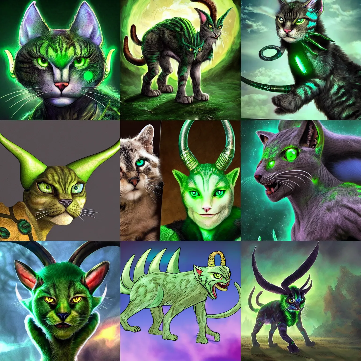 Prompt: scientifically accurate alien species of bipedal feline warriors with three horns, green fur, black and green eyes, and ambient energy fields