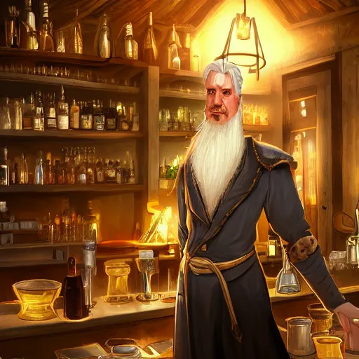 Prompt: barkeep tavern blonde short hair middle age man ultra detailed fantasy, elden ring, realistic, dnd character portrait, full body, dnd, rpg, lotr game design fanart by concept art, behance hd, artstation, deviantart, global illumination radiating a glowing aura global illumination ray tracing hdr render in unreal engine 5