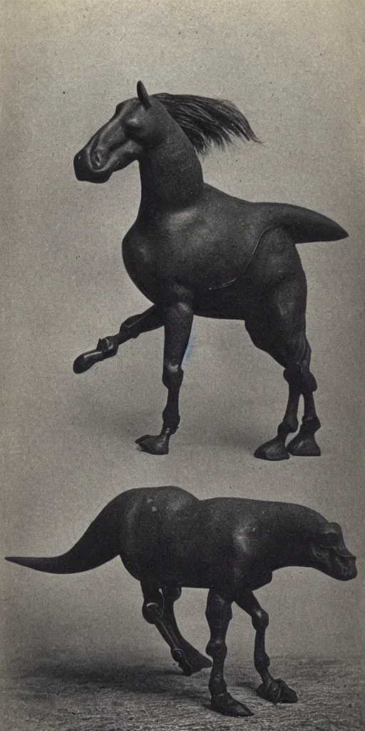 Prompt: [ [ [ [ t rex ] ] ] ] and a horse with legs, hands, walking, soft, black and white photograph, 1 8 5 0 s