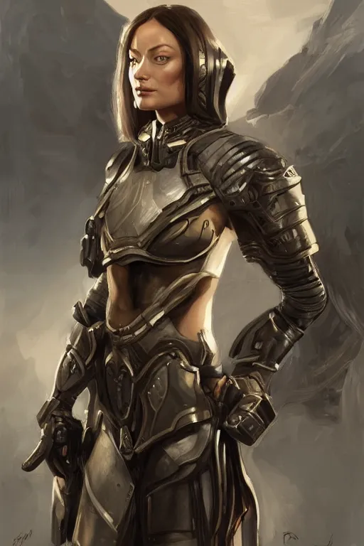 Image similar to a professional painting of a young Olivia Wilde, clothes in military armor, olive skin, long dark hair, beautiful bone structure, symmetrical facial features, intricate, elegant, digital painting, concept art, smooth, sharp focus, illustration, from StarCraft by Ruan Jia and Mandy Jurgens and Artgerm and William-Adolphe Bouguerea