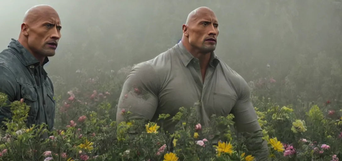 Prompt: dwayne johnson in the shape of a skull surrounded by flowers at dawn, foggy, sun rays, cinematic shot, photo still from movie by denis villeneuve, wayne barlowe