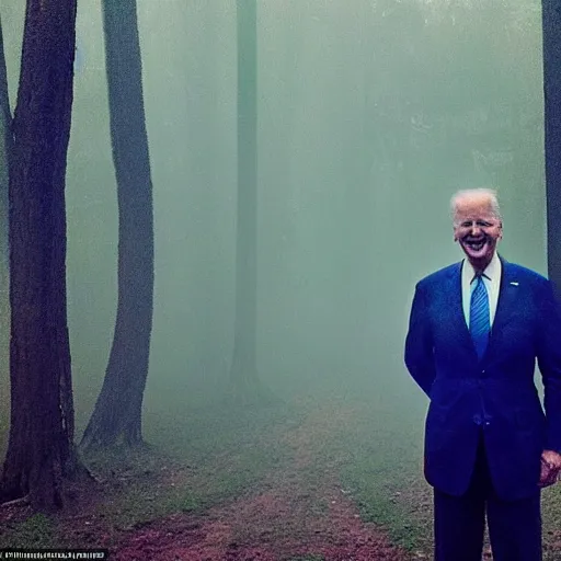 Image similar to joe biden with 4 arms, standing ominously barely in view far into the foggy woods with a demonic wide smile in his face, low quality iphone photo, creepy