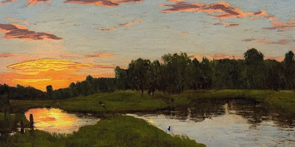 Prompt: a river in spring, birds are in the sky, puffy clouds, settle sunset, in style of Isaac Levitan,