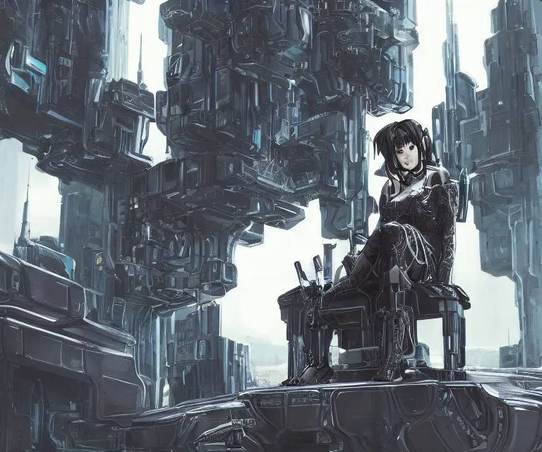 Image similar to majestic cyborg princess sitting on a metal throne in a futuristic castle, cyberpunk, highly detailed, sharp lines, anime