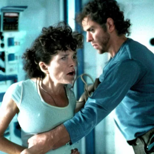 Prompt: a screenshot of a woman betraying a mechanic in the movie Alien