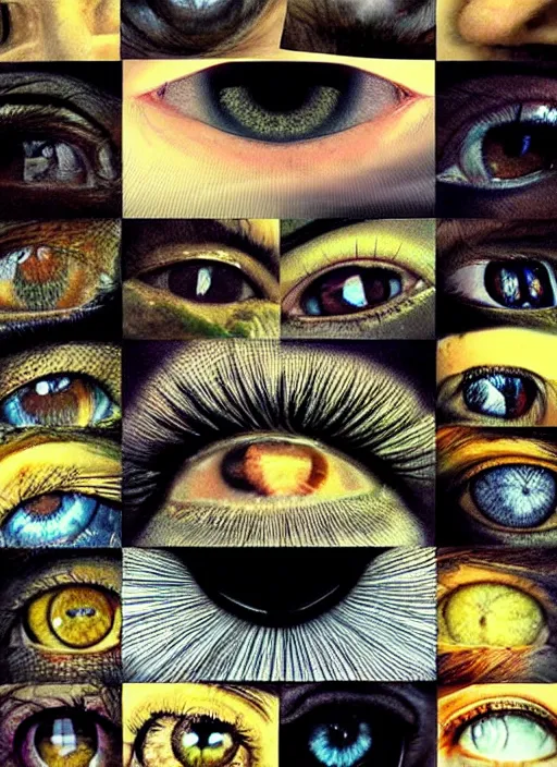 Image similar to grid montage of square shaped eyes, square shaped dilated pupils, square irises, detailed colored textures, eyelashes, advanced art, art styles mix, from wikipedia, wet reflections in eyes, sunshine light, hd macro photograph, from side, various eyelid positions, square black pupil centered