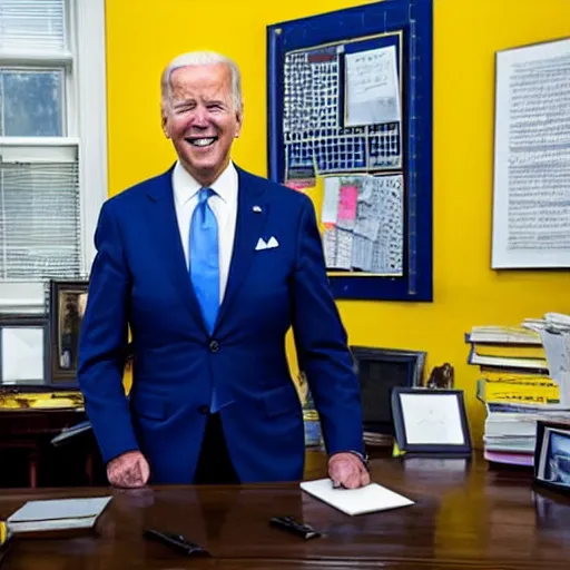 Prompt: joe biden inside an endless office with yellow walls