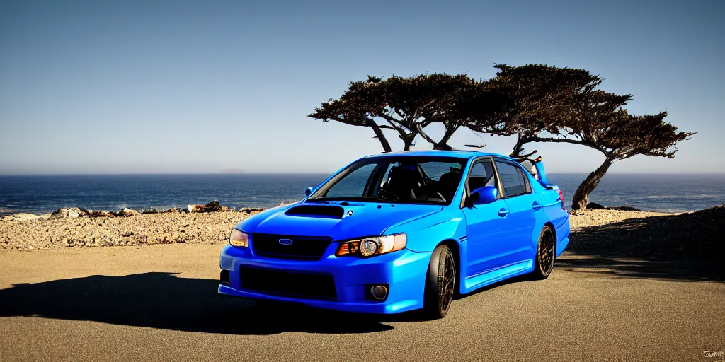 Prompt: photograph, 2007!! Subaru WRX STi, cinematic, california coast, ocean view, 8k, depth of field, bokeh.