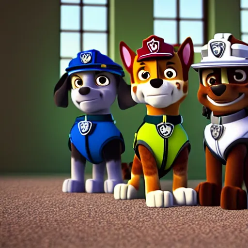 Image similar to paw patrol as real life characters, furry, photorealistic, cinematic, 3 5 mm