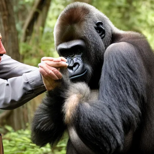 Prompt: A photo of Mike Ehrmantraut confronting a gorilla, cinematic lighting