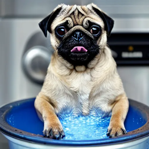 Image similar to An adorable pug sitting in a pot of water atop a stove, high resolution photograph