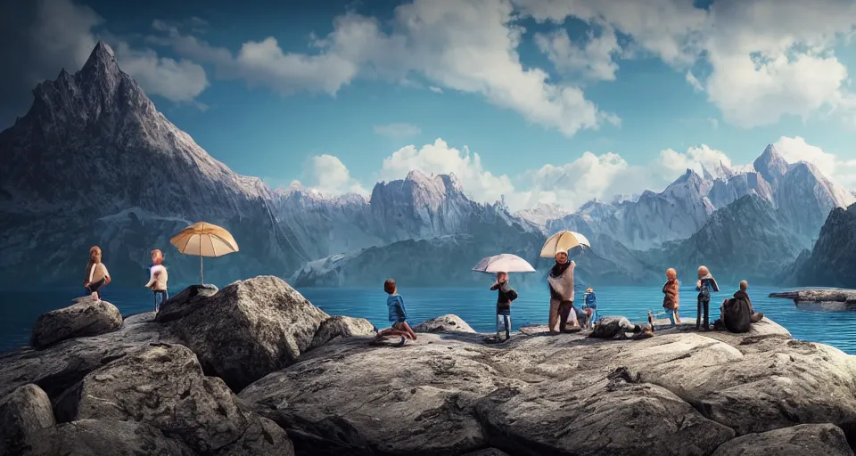 Image similar to An epic landscape photograph of a Mountainrange and a lake, with A family at the center of the image. The man is holding a blue umbrella in his right hand, unreal 5, DAZ, hyperrealistic, octane render, dynamic lighting