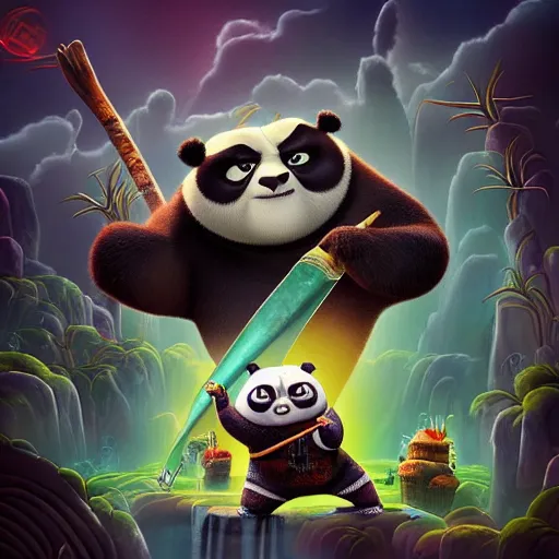 Image similar to epic music album cover, Kung Fu Panda, trending on Artstation, award-winning art