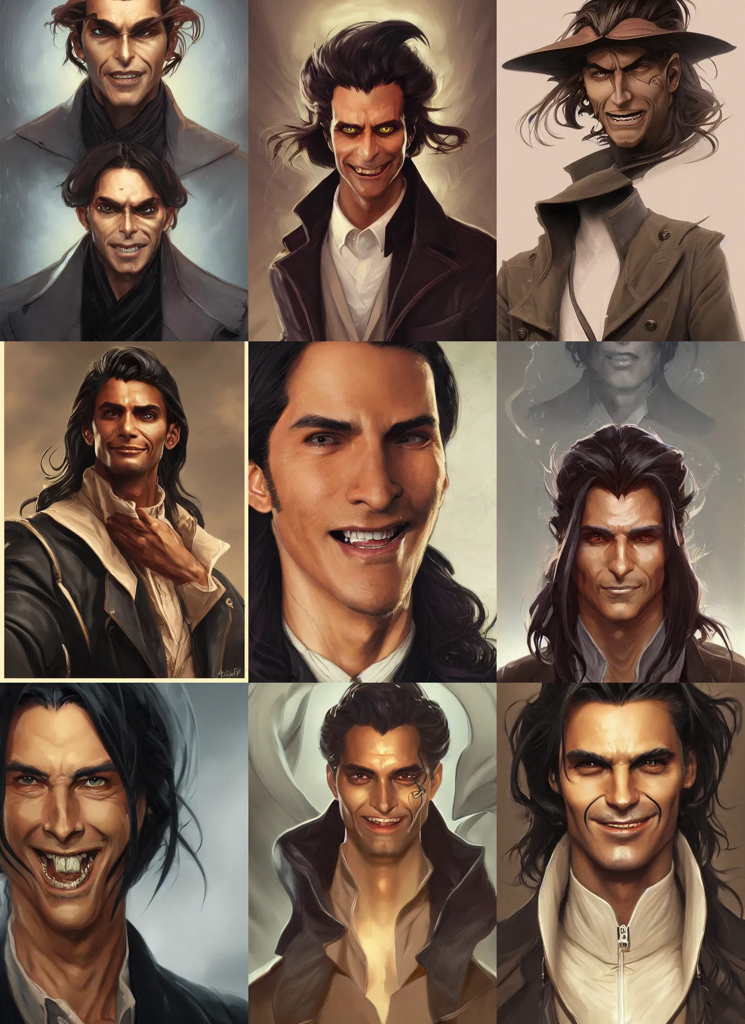 Prompt: Close-up portrait of tanned evil male alchemist with long black slicked hair, unsettling grin, trench coat with many pockets, portrait, highly detailed, digital painting, artstation, concept art, sharp focus, illustration, art by artgerm and greg rutkowski and alphonse mucha