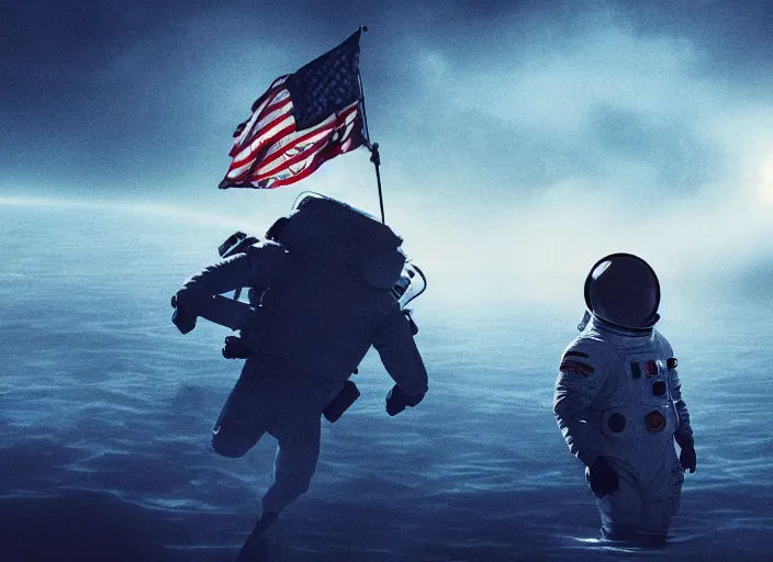 Image similar to astronaut holding a flag in an underwater desert. a submarine is visible in the distance. dark, concept art, cinematic, dramatic, atmospheric, 8 k, trending on artstation, blue, fish, low visibility, fog, ocean floor, christopher nolan, interstellar