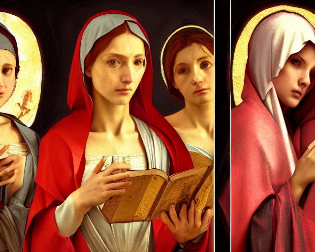 Image similar to photography of the three marys at the sepulchre, deep focus, biblical painting, illustration, art by artgerm and greg rutkowski and caravaggio