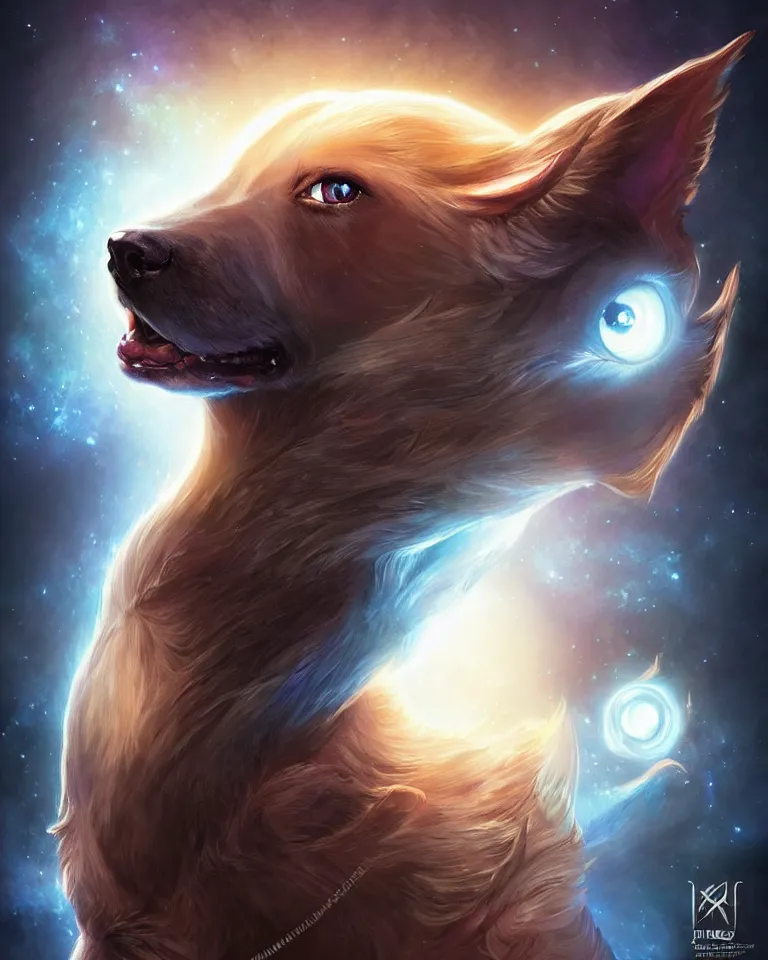 Prompt: beautiful cinematic fantasy poster, cartoon dog. beautiful glowing galaxy eyes, hybrid from The Elden Ring and art direction by Darius Zawadzki ;by artgerm; wayne reynolds art station; cinematic quality character render; low angle; ultra high quality model; production quality cinema model