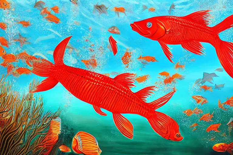 Prompt: An underwater painting of big Red Fish chasing shrimp in the Galveston Bay, inspired by Guy Harvey, Sport Fishermen Magazine, digital art, insanely detailed, hyper detailed photorealistic, ambient lighting, award winning, stunning