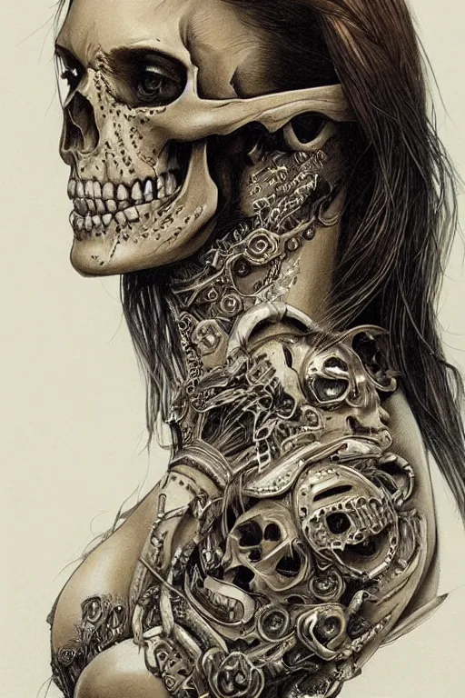 Image similar to beautiful skull cyborg portrait of a femme fatale girl with detailed patterns of thai traditional dress, highly detailed concept art by alan lee