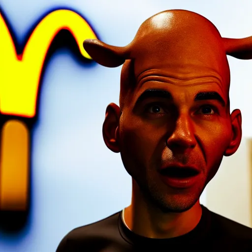 Image similar to photograph of a man with a steak head begging for food at mc donalds, 8k resolution, high detail, ULTRA REALISTIC VFX, reflections