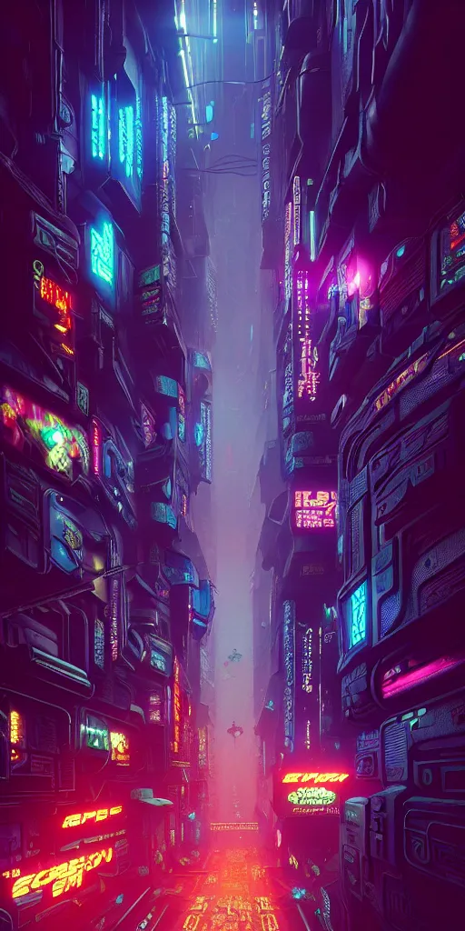 Image similar to epic cyberpunk arcade city : : blade runner, james guilleard, beeple, laurie greasley, dan mcpharlin : : ornate, dynamic, particulate, rich colors, intricate, elegant, highly detailed, centered, artstation, smooth, sharp focus, octane render, 3 d