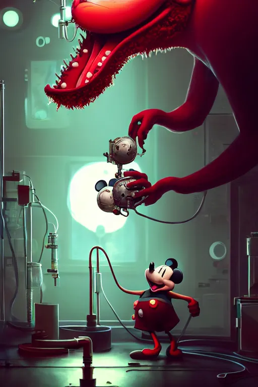 Image similar to mechanics scientist in lab facility looking at bloody mickey mouse head lifted by claw,, made by beeple, cgsociety, artgerm, greg rutkowski, highly detailed intricate 4 k art, low light cinematic, octane render, unreal engine, smooth concept art