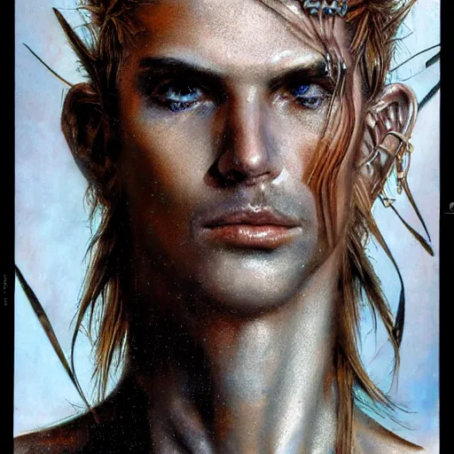 Prompt: an award finning closeup facial portrait by luis royo and john howe of a bohemian male cyberpunk traveller clothed in excessively fashionable 8 0 s haute couture fashion and wearing ornate art nouveau body paint