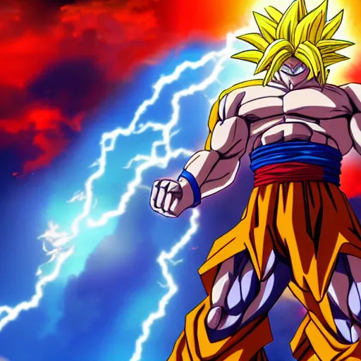 Image similar to Jesus Christ going super saiyan, muscular, lightning in the sky, glowing, Dragonball z, artstation