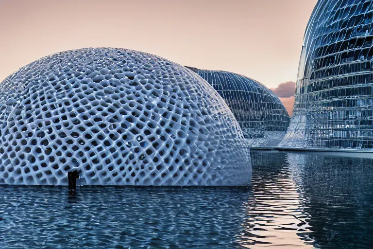 Image similar to a building formed by the spatial arrangement and combination of many multi white spherical soap bubbles, on the calm lake surface, people's perspective modern curved architecture, future, award winning, highly detailed 4 k art, dusk, by kazuyo sejima