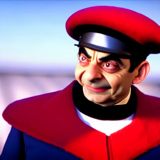 Image similar to mr. bean as m. bison from the streetfighter movie. movie still. cinematic lighting.