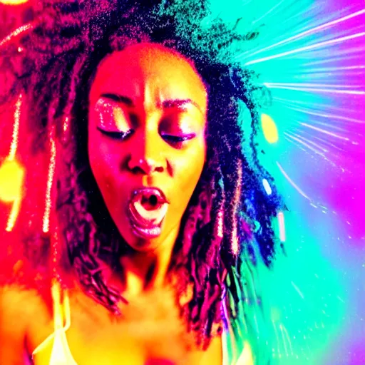 Prompt: portrait of black girl having an orgasm eyes close, colorized neon lights, explosion of light, hyperealistic detailed photography polaroid, 5 0 mm lens, motion blur, grainy image