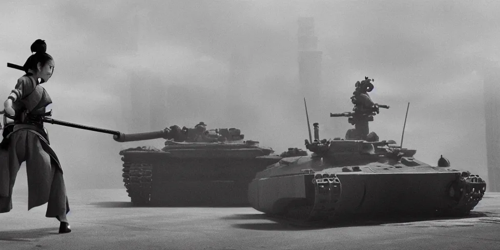 Image similar to modern chicago streets, elegant female samurai ninja, with large sword, open exposed back, wide leg hakama trousers, approaches a biomechanical organic military tank ww 2 mech robot, boss fight, black and white, cinematography, movie, fog, atmospheric perspective, by akira kurosawa,