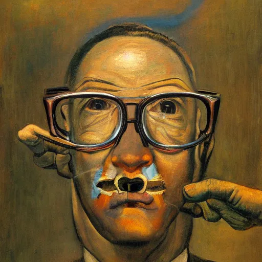 Prompt: a painting of a man with glasses on his face, a surrealist painting by william dobell, behance contest winner, analytical art, academic art, surrealist, oil on canvas