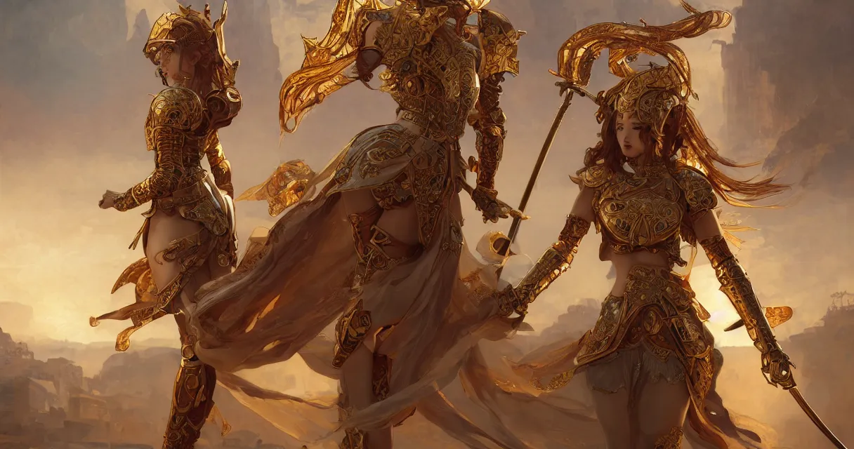 Image similar to knights of zodiac girl, golden and copper armor, sword and katana dancing, in ruined agora of athens sunrise, ssci - fi and fantasy, intricate and very very beautiful and elegant, highly detailed, digital painting, artstation, concept art, smooth and sharp focus, illustration, art by tian zi and wlop and alphonse mucha