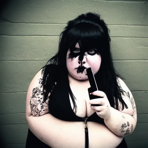 Image similar to a fat goth girl, teenage, selfie, grunge,