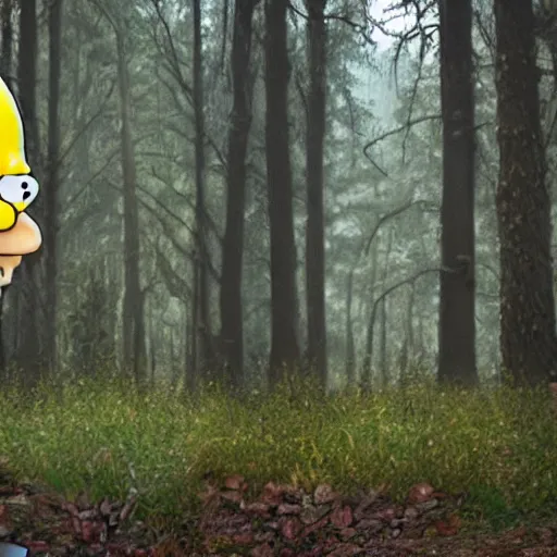 Image similar to Homer Simpson in the woods photo realistic creepy 4K