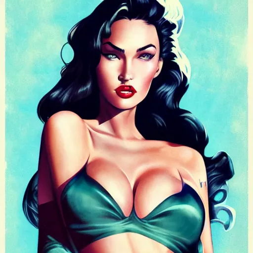 Image similar to a pinup illustration of megan fox in the style of anna dittmann and in the style of alex ross.