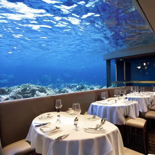 Prompt: michelin star restaurant interior, kitchen pass an underwater view of pristine seas with fish, scallop dredging