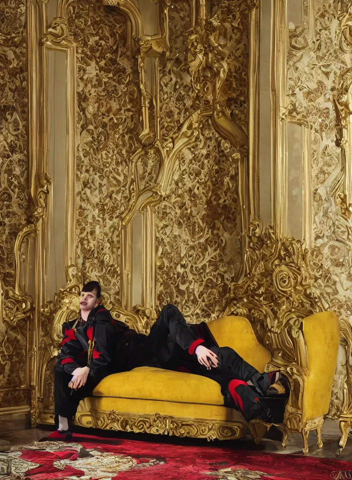 Prompt: gucci, man sit on sofa in classical interior, yello wax gloss_coat, flow shapes, cinematic 8k, high detailed, voguе
