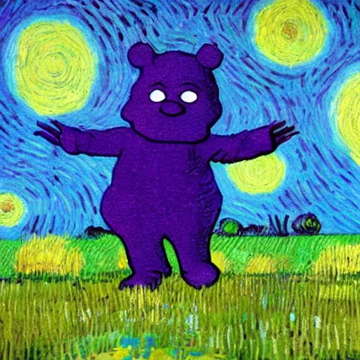 Image similar to tinky winky frolicking in a field in the style of van gogh