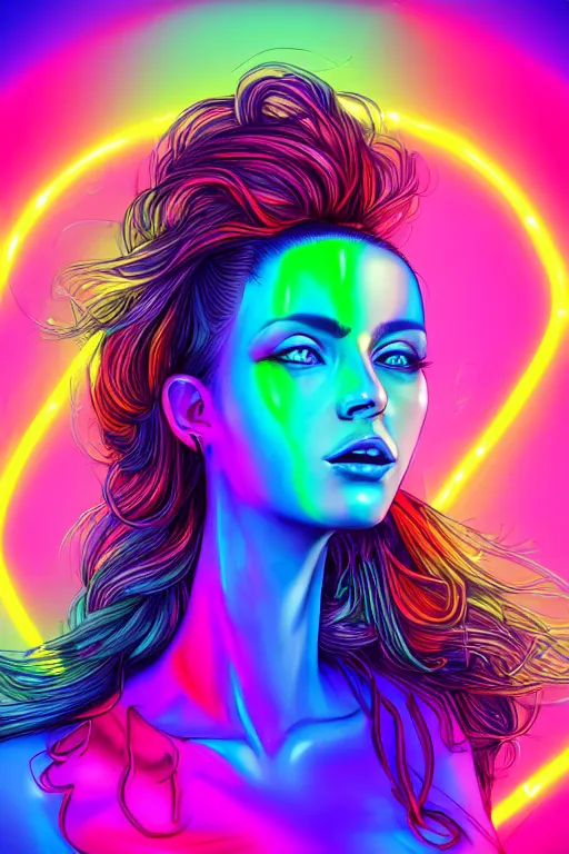 Image similar to a award winning half body portrait of a beautiful woman with stunning eyes in a croptop and cargo pants with rainbow colored ombre hairstyle head in motion and hair flying by thomas danthony, surrounded by whirling illuminated neon lines, outrun, vaporware, shaded flat illustration, digital art, trending on artstation, highly detailed, fine detail, intricate