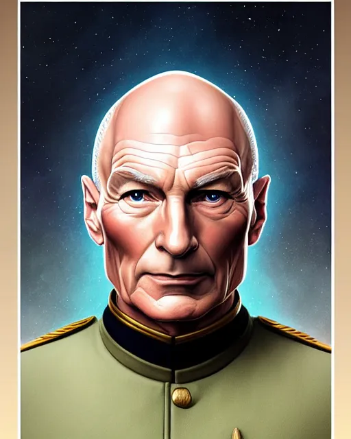 Image similar to symmetry portrait of captain picard in captain's uniform, tng, forest, intricate, elegant, highly detailed, digital painting, artstation, concept art, smooth, sharp focus, illustration, art by artgerm and greg rutkowski and fra angelico and alphons mucha