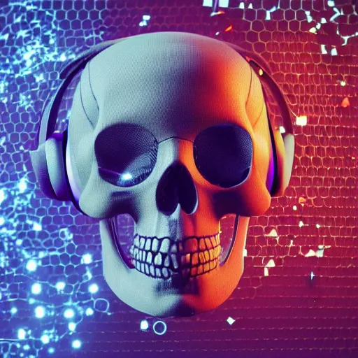 Prompt: skeleton with headphones playing synthesizers, honeycomb skull, lights, lasers, music, highly detailed, realistic, technology and magic,