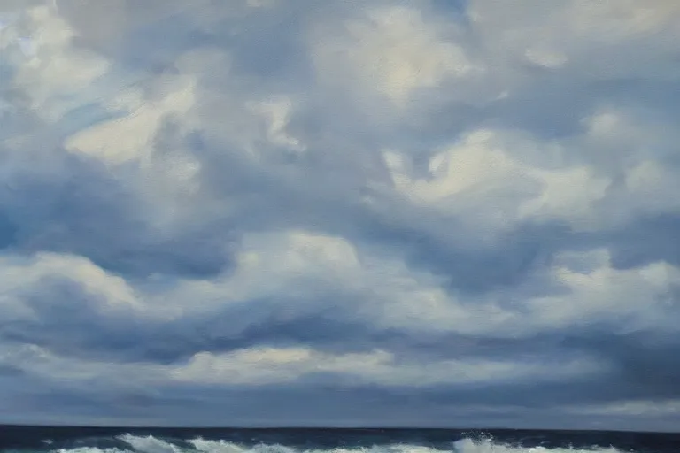 Image similar to a beautiful seascape by adrienne pavelka, big stormy sky, oil painting