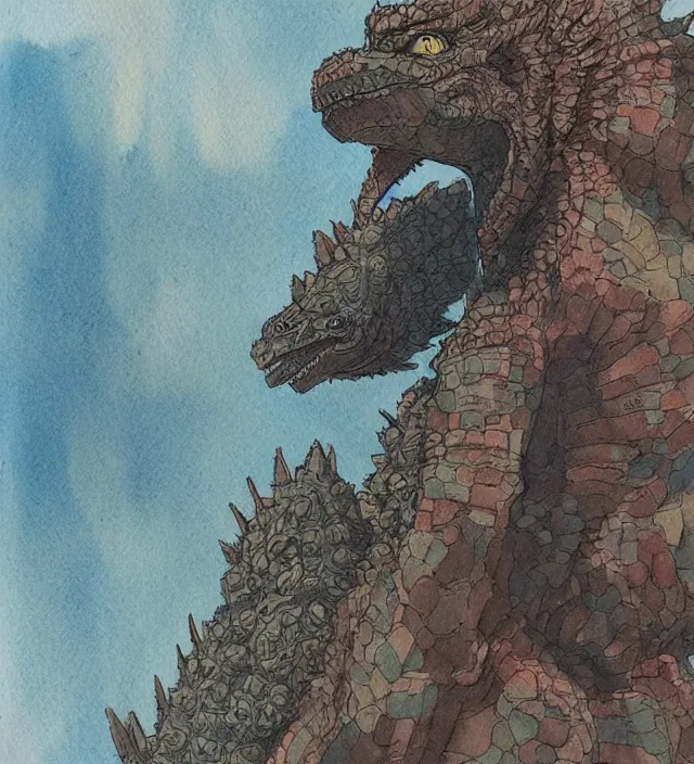 Image similar to a 3 / 4 view watercolor ink painting of godzilla with a glock in the style of jean giraud in the style of moebius trending on artstation deviantart pinterest detailed realistic hd 8 k high resolution