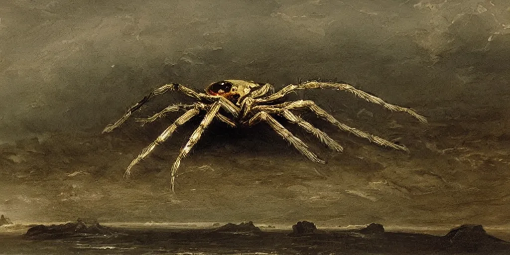 Image similar to hyperrealism Baptism on the river, monster spider in style of Goya