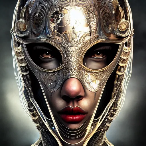 Image similar to Very very very very highly detailed epic photo of face with venetian mask, intricate, dystopian, sci-fi, extremely detailed, digital painting, artstation, concept art, smooth, sharp focus, illustration, intimidating lighting, incredible art by Artgerm and Vincent di Fate