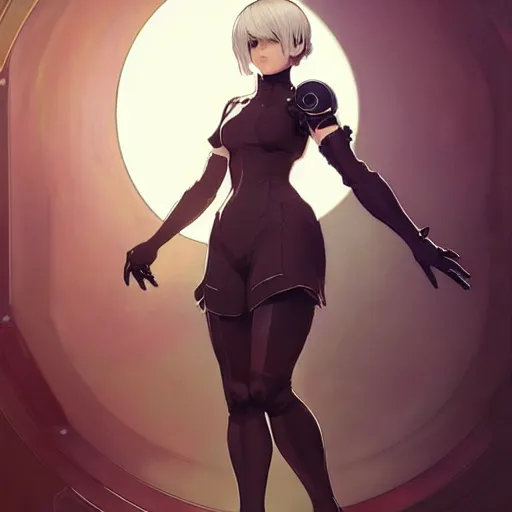 Prompt: a digital concept art by artgerm and greg rutkowski and alphonse mucha. clear portrait of 2 b nier automata in a skintight clothes!! hyper detailed, character concept, full body!! dynamic pose, glowing lights!! intricate, elegant, highly detailed, digital painting, artstation, concept art, smooth, sharp focus, illustration