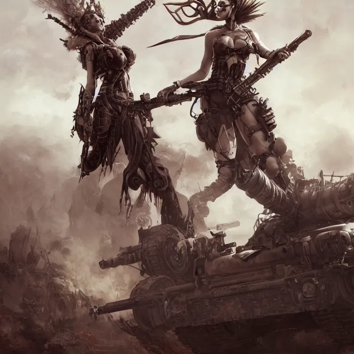 Prompt: beautiful apocalyptic woman with mohawk, standing on mad max panzer tank, hyper-detailed, smooth, sharp focus, 4k ultra hd, fantasy dark art, tank girl, artgerm, artstation, octane render, elegant, detailed digital painting, apocalyptic art, Peter mohrbacher, unreal engine, depth map